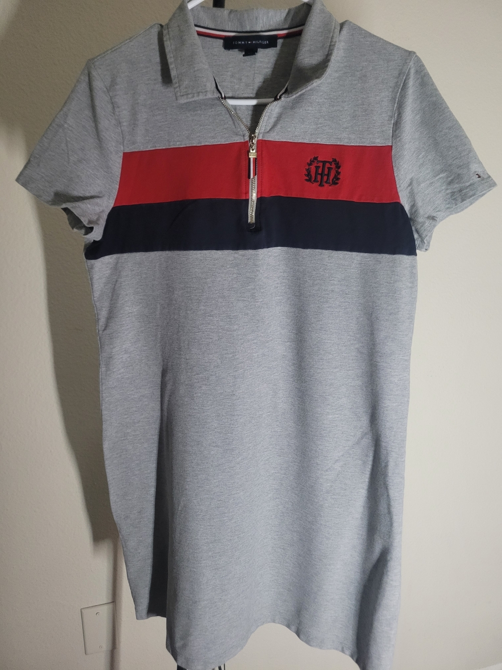 Tommy Hilfiger Light Gray Polo Dress with Red and Navy Bands